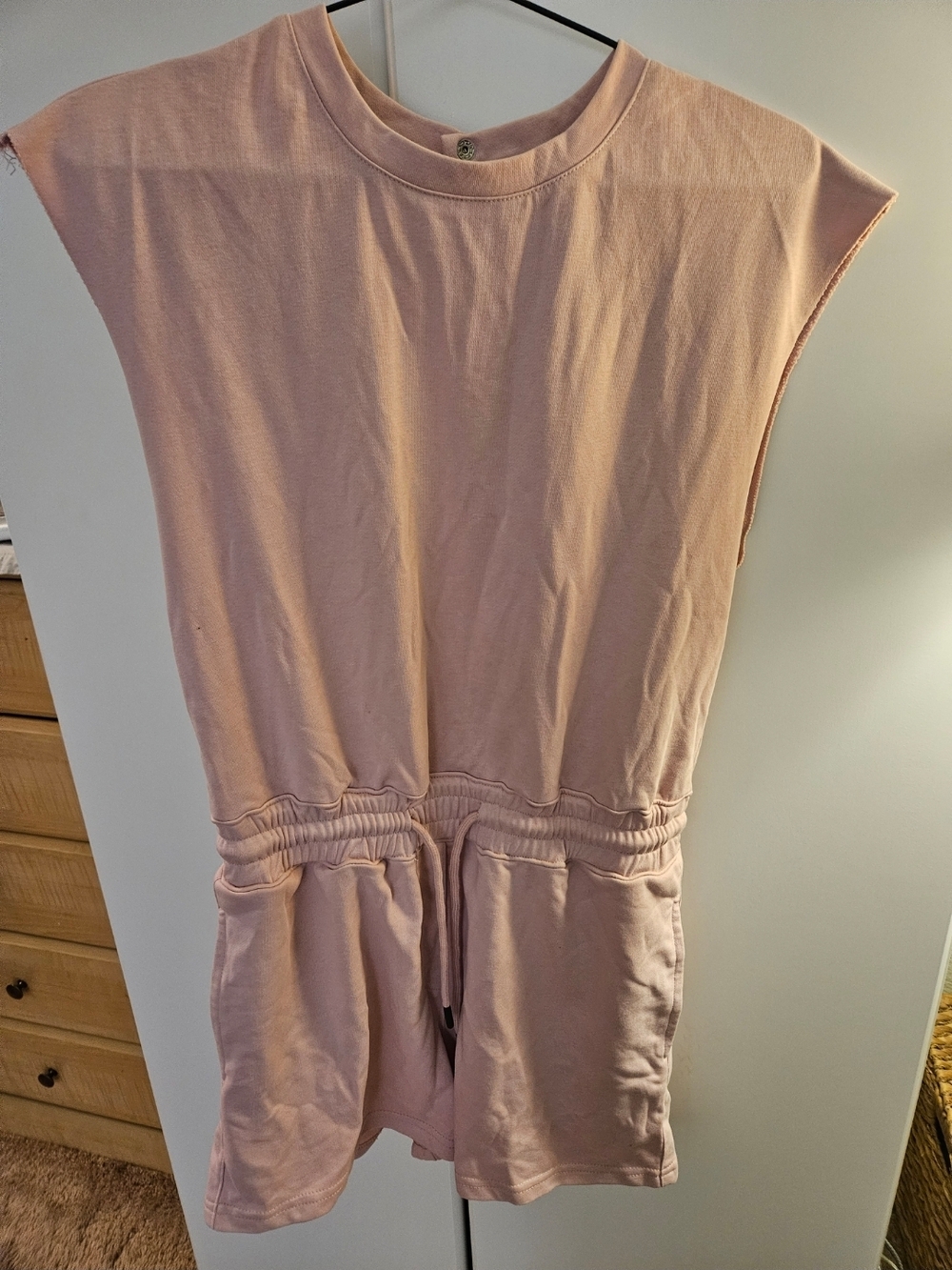 Women's Pink Sleeveless Romper - Casual Drawstring Waist